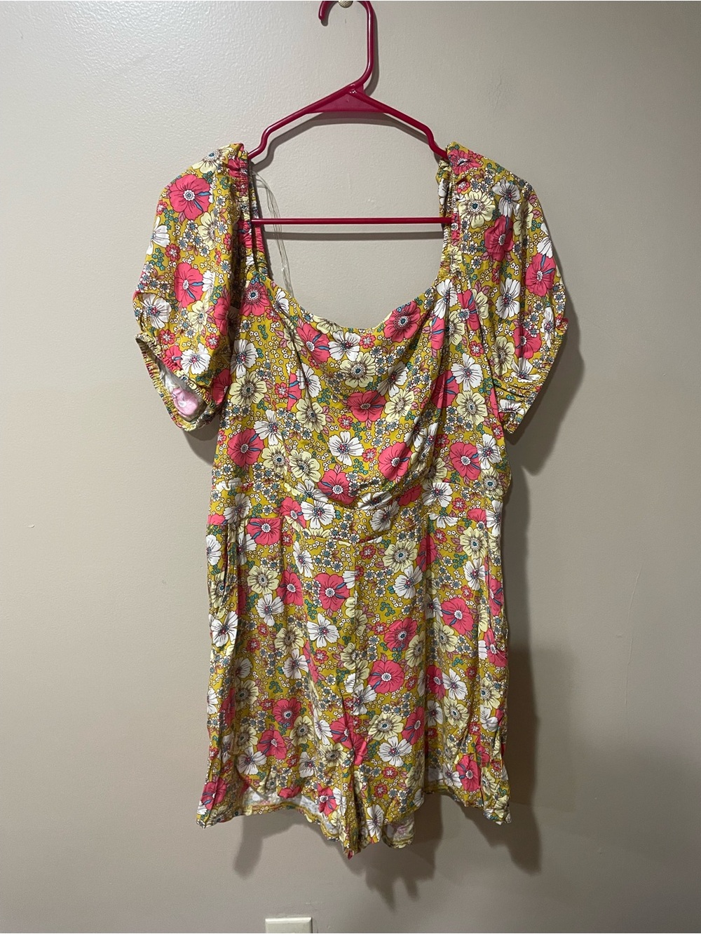 Lily Rose Scoop-Neck Shorts Romper in Yellow and Pink